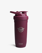 A purple stainless steel shaker bottle with the Wonder Woman symbol on the front and a flip-top lid.
