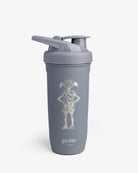 A stainless steel shaker bottle with a design of a free elf from the Harry Potter series, with a flip-top lid and measurement markings inside.